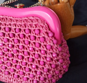 1950s 1960s - Galeries LaFayette, Paris - Collector's Beaded Raffia Pink Handbag