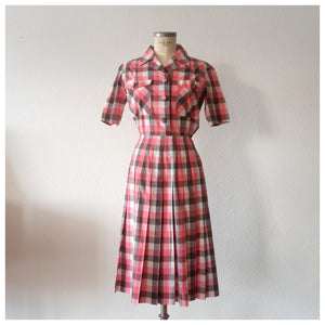 1940s - Gorgeous Pink Plaid Cotton Dress - W26 (66cm)