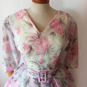1950s - Gorgeous & Elegant Floral Sheer Dress - W33 (84cm)