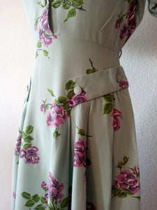 1940s - Adorable Turquoise Roseprint Rayon Dress - W29 (74cm)