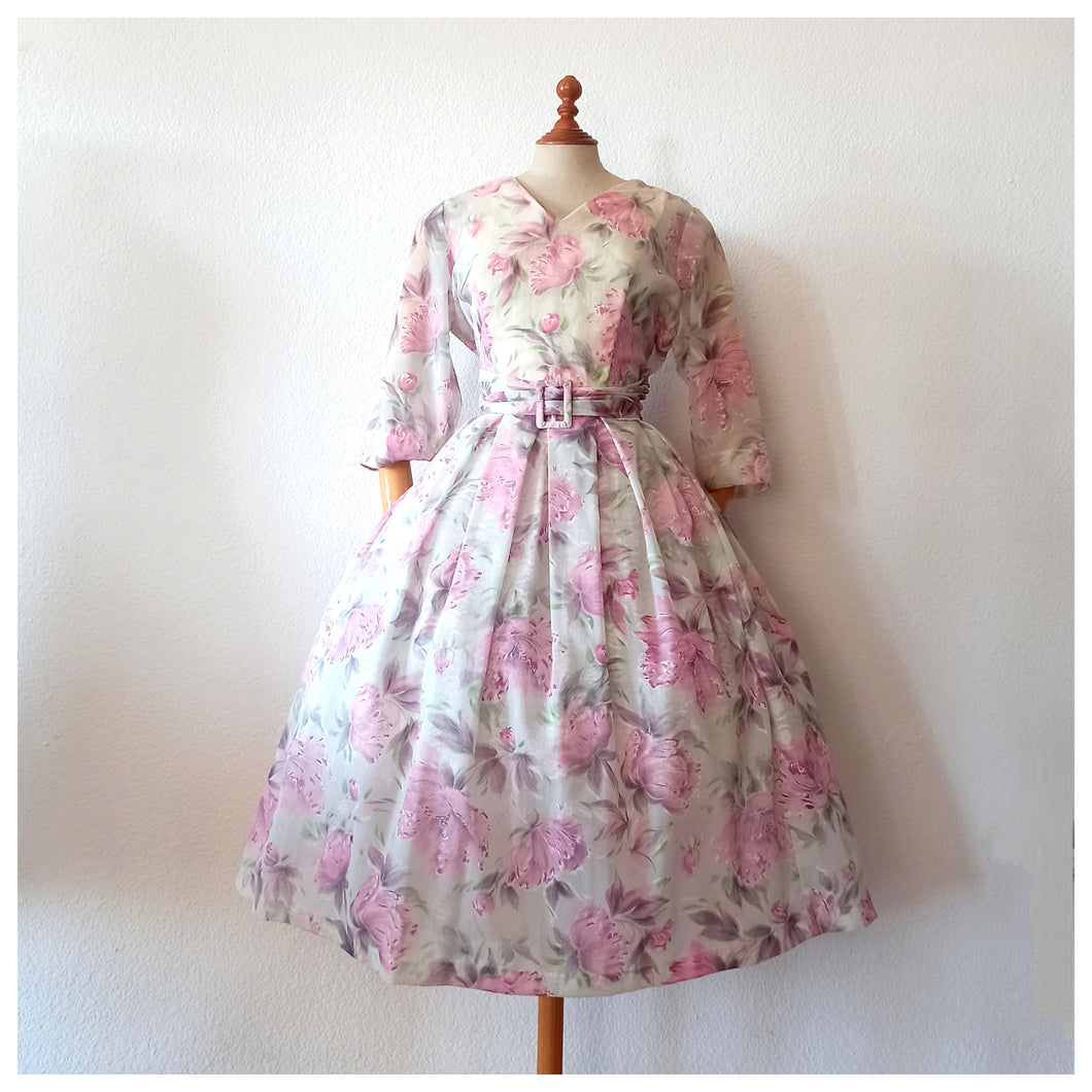 1950s - Gorgeous & Elegant Floral Sheer Dress - W33 (84cm)