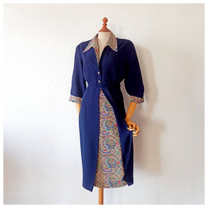 1940s - Beautiful Navy Rayon Crepe Dress - W35 (88cm)