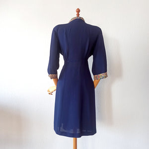 1940s - Beautiful Navy Rayon Crepe Dress - W35 (88cm)