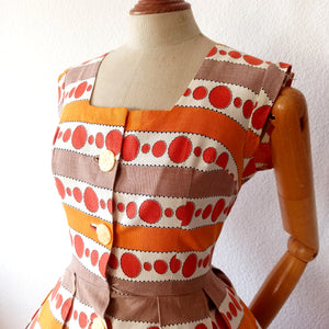 1950s - Stunning Abstract Orange Linen Dress - W28 (72cm)