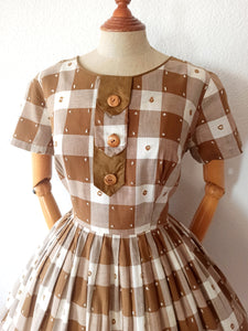1950s - Adorable Brown Plaid Cotton Dress - W32 (82cm)