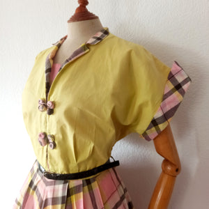 1940s 1950s - Stunning & Precious Yellow Pink Plaid Dress - W32 (82cm)