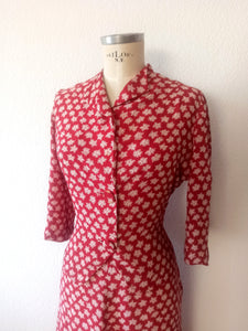 1940s - Beautiful Red Floral Rayon Crepe 2pc Suit - W31 (80cm)
