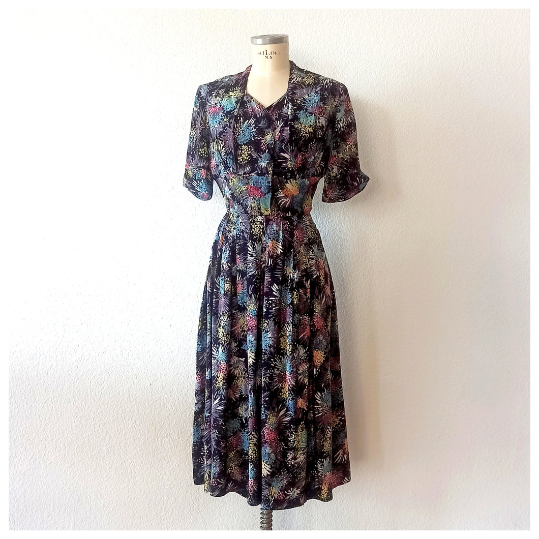 1940s - Stunning Abstract Floral Cold Rayon Silk Dress - W29 (74cm)