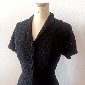 1950s - Precious Black Cotton Lace Dress - W28 (72cm)