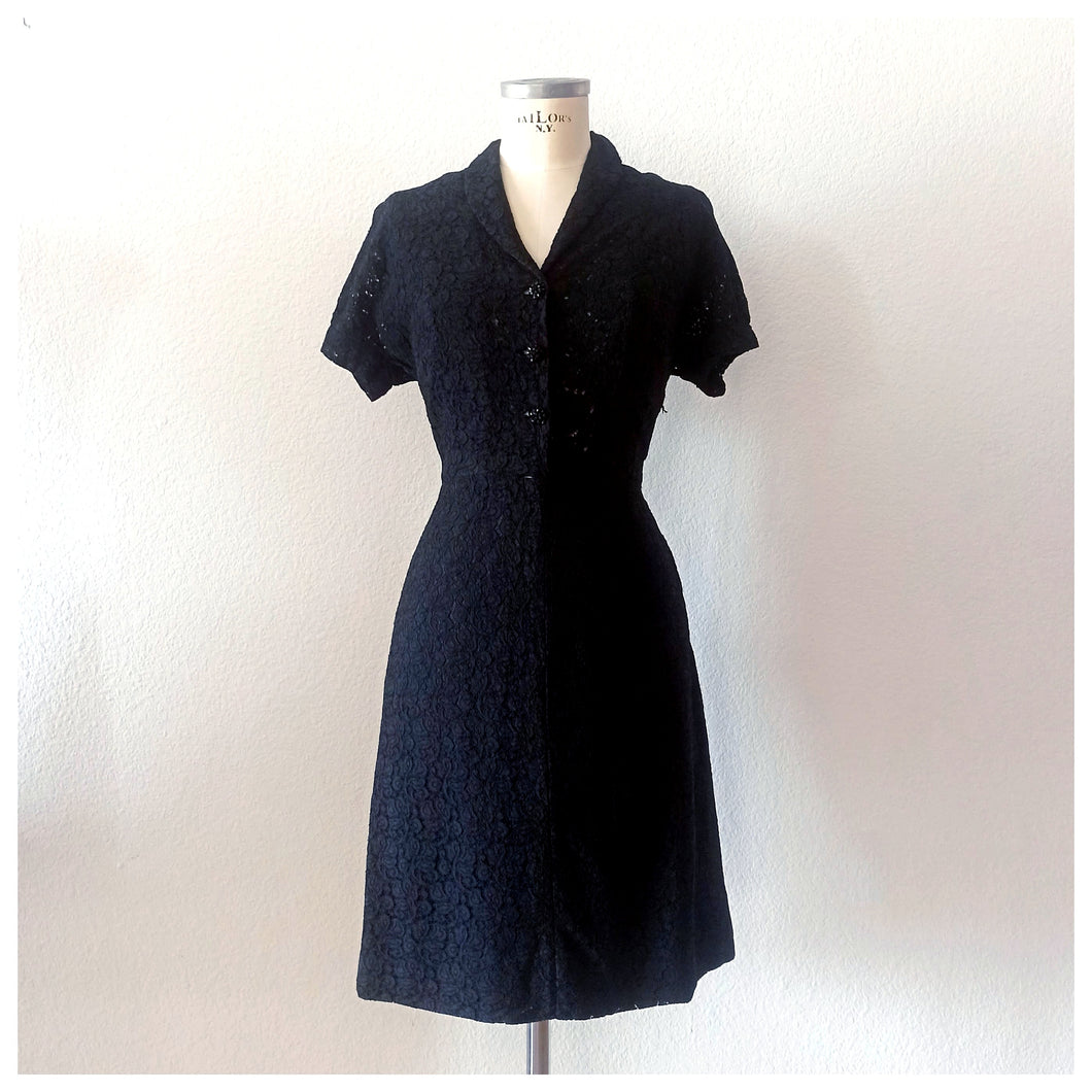 1950s - Precious Black Cotton Lace Dress - W28 (72cm)