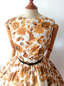 1950s 1960s - Stunning Autumn Flowers Satin Dress - W28 (76cm)