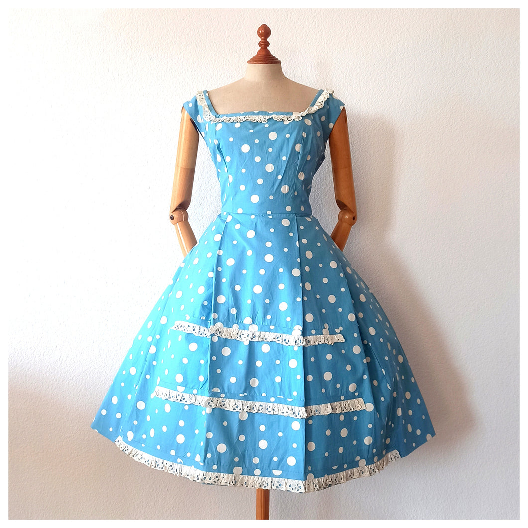 1950s - Adorable German Baby Blue Dotted Cotton Dress - W34 (86cm)