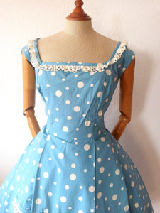 1950s - Adorable German Baby Blue Dotted Cotton Dress - W34 (86cm)