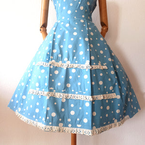 1950s - Adorable German Baby Blue Dotted Cotton Dress - W34 (86cm)