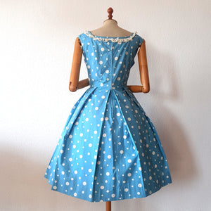 1950s - Adorable German Baby Blue Dotted Cotton Dress - W34 (86cm)