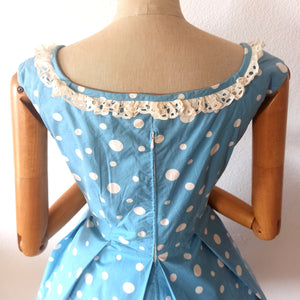 1950s - Adorable German Baby Blue Dotted Cotton Dress - W34 (86cm)