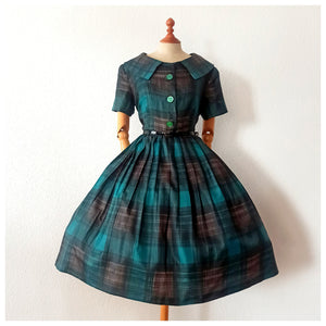 1950s - Exquisite French Green Tartan Dress - W32 (82cm)