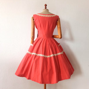 1950s - Adorable Coral Linen Pockets Dress - W25 (64cm)