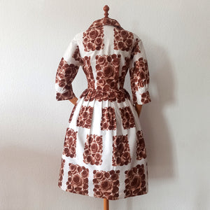 1950s - Stunning Brown Roseprint Cotton Dress - W29 (74cm)