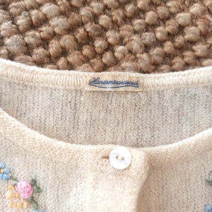 1950s - Adorable Cream Handembroidered Wool Cardigan - Sz. S/M