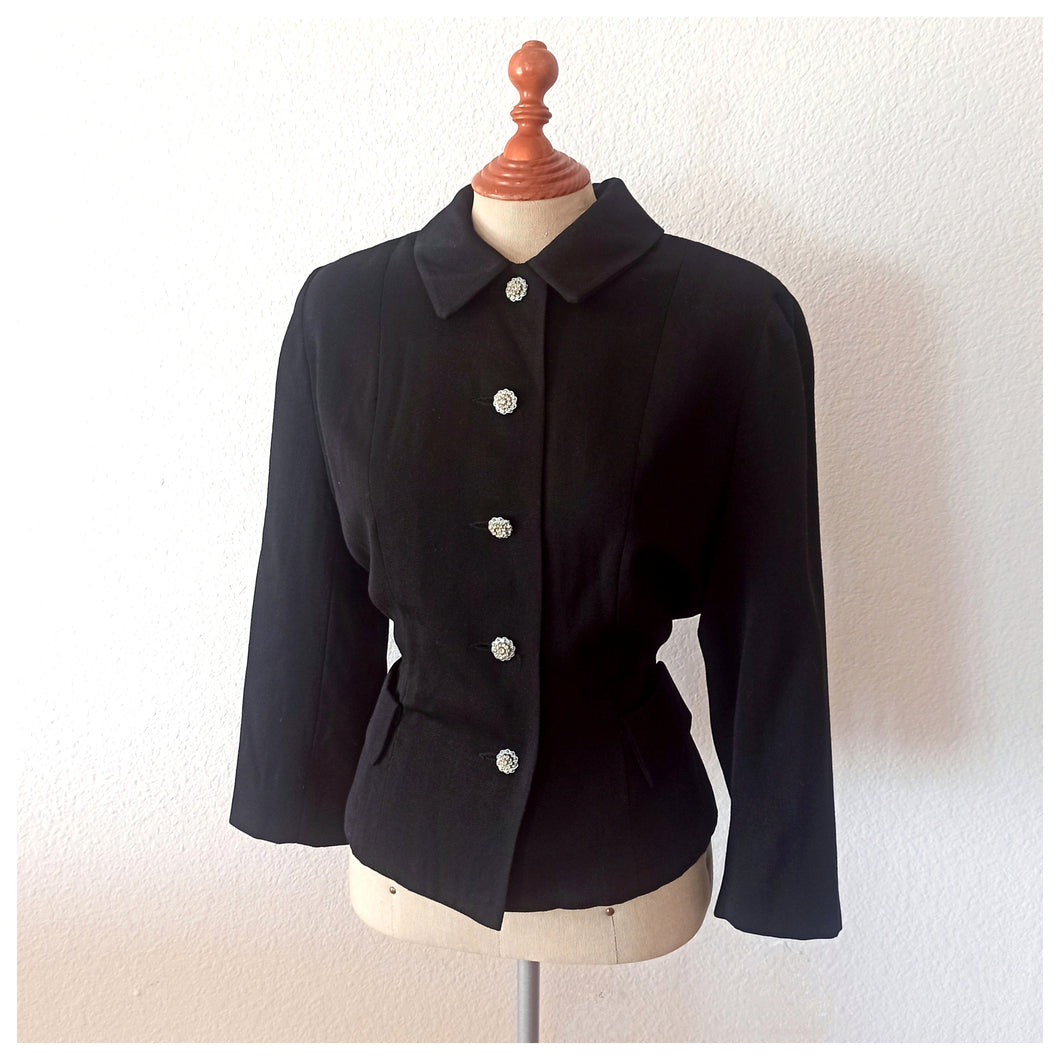 1950s -  Black Gabardine Wool Jacket - W30 (76cm)