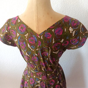 1950s - Gorgeous Petite Roseprint Cotton Dress - W26 (66cm)