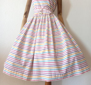 1950s - Adorable Color Stripes Belted Cotton Dress - W26 (66cm)