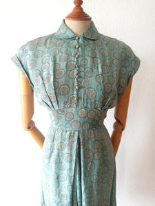 1940s - Gorgeous Abstract Teal Silk Dress - W27.5 (70cm)