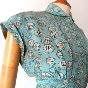 1940s - Gorgeous Abstract Teal Silk Dress - W27.5 (70cm)