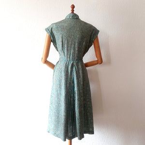 1940s - Gorgeous Abstract Teal Silk Dress - W27.5 (70cm)