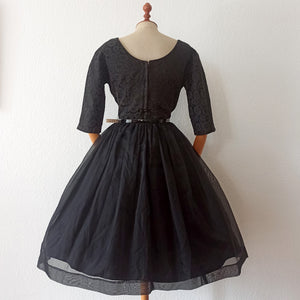 1950s - Stunning Solid Black Floral Organza Dress - W29 (74cm)