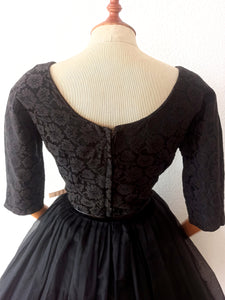 1950s - Stunning Solid Black Floral Organza Dress - W29 (74cm)