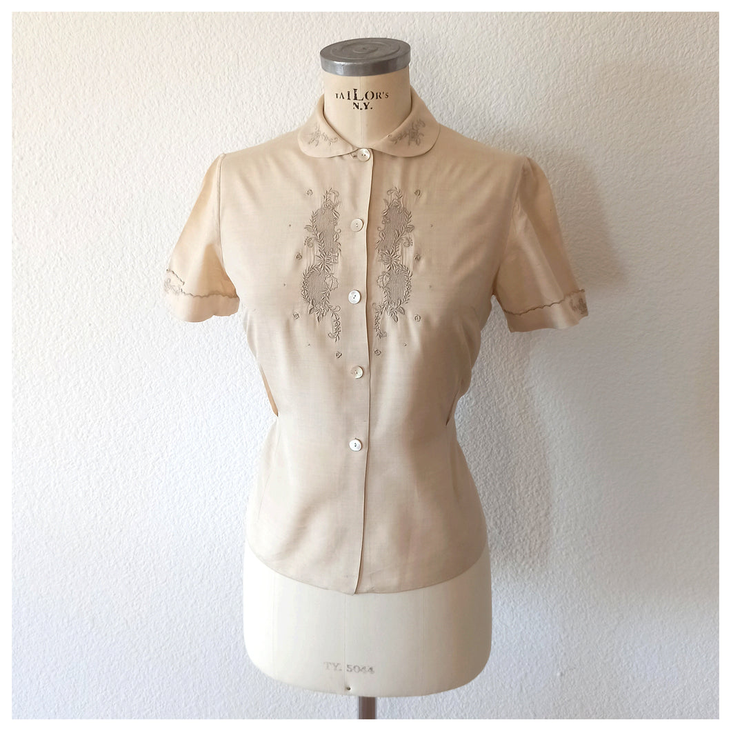 1940s - Exquisite Emboidery Sand Silk Blouse - W32 (82cm)