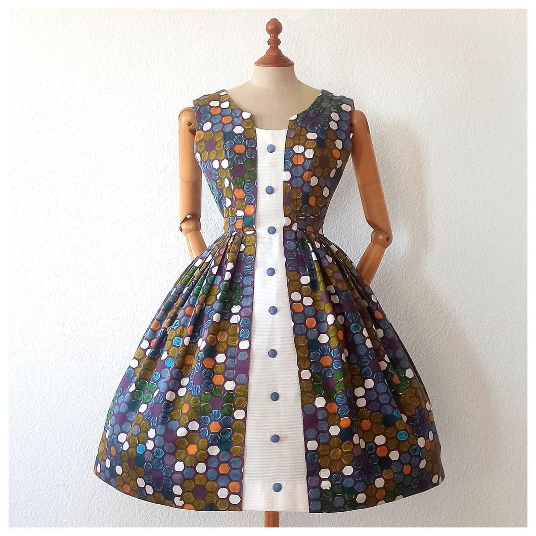 1950s - Joppy, Paris - Stunning Abstract Floral Colorful Cotton Dress - W26 (66cm)