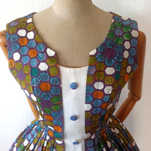 1950s - Joppy, Paris - Stunning Abstract Floral Colorful Cotton Dress - W26 (66cm)