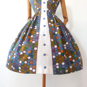 1950s - Joppy, Paris - Stunning Abstract Floral Colorful Cotton Dress - W26 (66cm)