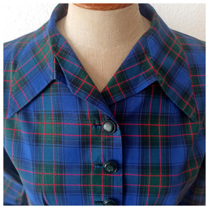 1940s - Gorgeous Blue & Green Tartan Cotton Dress - W30 (76cm)