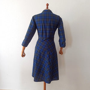 1940s - Gorgeous Blue & Green Tartan Cotton Dress - W30 (76cm)