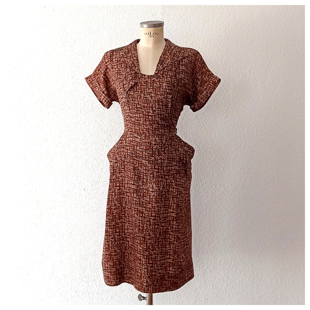 1940s 1950s - Gorgeous Brown Abstract Dress - W34 (86cm)