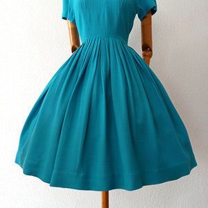 1950s - Adorable Blue Aqua Textured Cotton Dress - W26 (66cm)