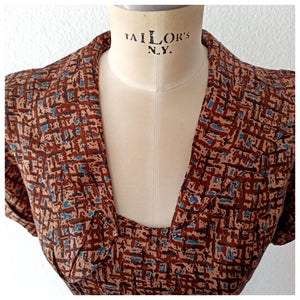 1940s 1950s - Gorgeous Brown Abstract Dress - W34 (86cm)