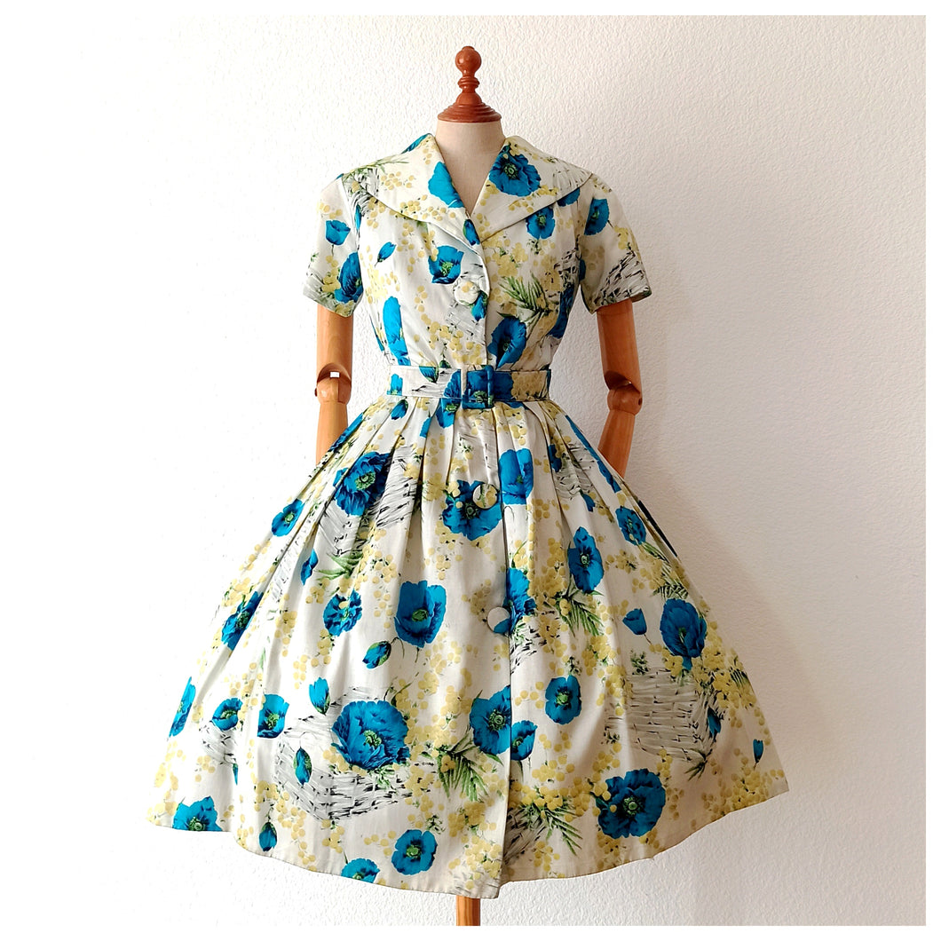 1950s - French Basket Mimosa Poppies Novelty Dress - W31 (78cm)