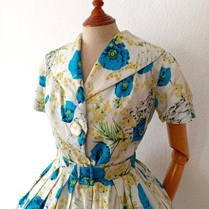 1950s - French Basket Mimosa Poppies Novelty Dress - W31 (78cm)