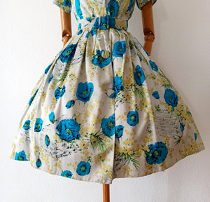 1950s - French Basket Mimosa Poppies Novelty Dress - W31 (78cm)