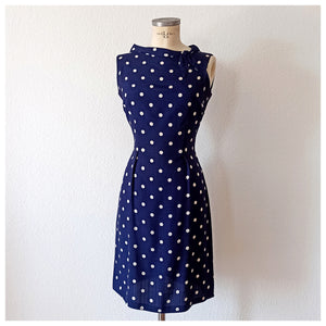 1960s - Gorgeous Navy Polkadots Rayon Silk Dress - W29 (74cm)