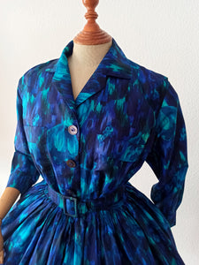 1950s - Stunning Abstract Floral Wild Silk Dress - W27 (68cm)
