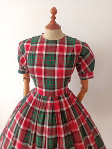 1950s - Adorable French Puff Sleeves Tartan Cotton Dress - W27.5 (70cm)