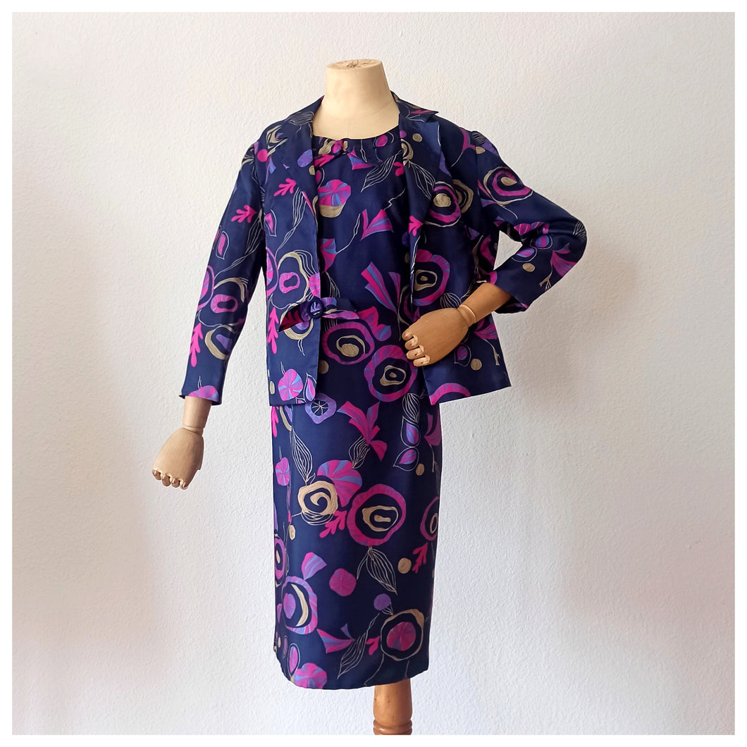 1960s -  Spectacular Purple Satin Dress & Jacket Set - W34 (86cm)