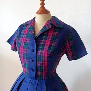 1950s - Adorable Purple Plaid Cotton Dress - W26 (66cm)