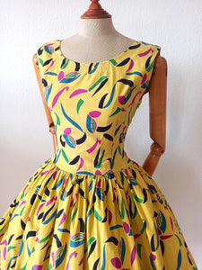 1950s - Stunning Yellow Confetti Print Cotton Dress - W27.5 (70cm)